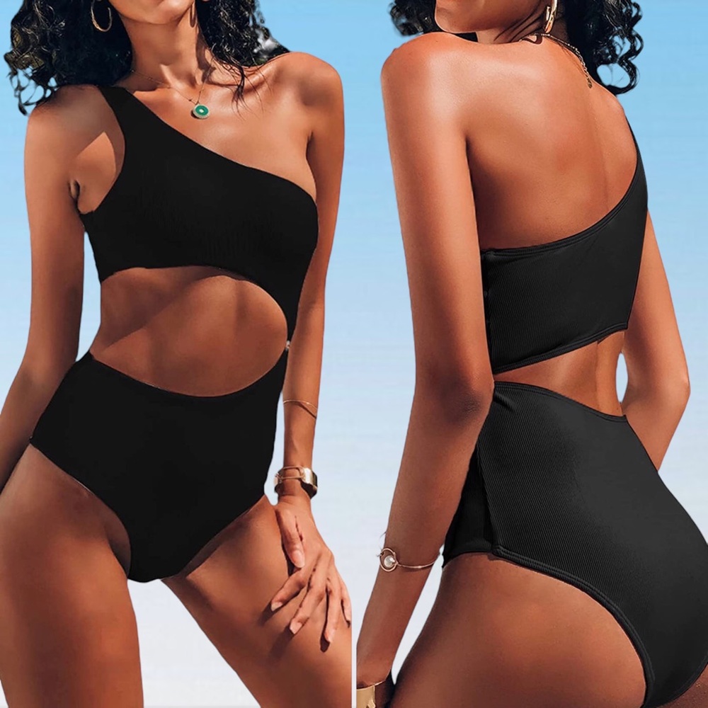 Black One Piece Swimsuit One Shoulder Cut Out High Waisted Monokini SIZE L